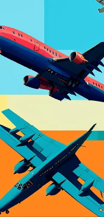 Vibrant orange and blue airplane art wallpaper with bold designs.