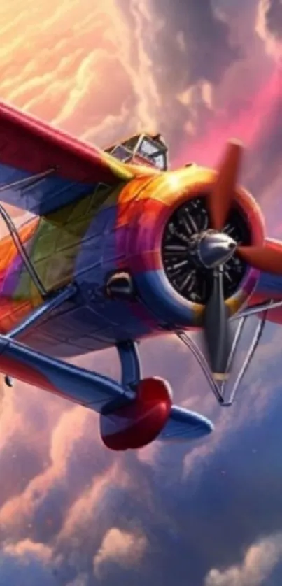 Colorful airplane flying through a cloudy sky.