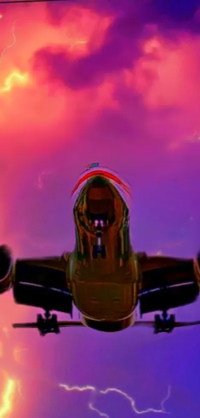 Airplane soaring through a vibrant stormy sky with colorful lightning.