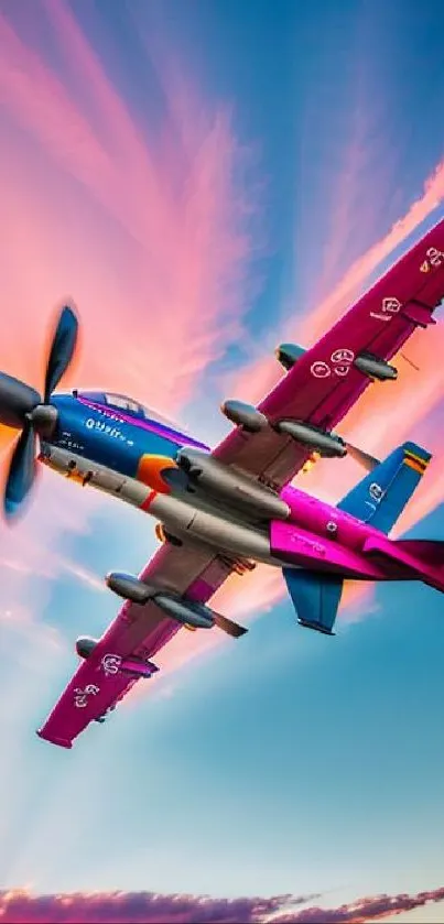 Vibrant airplane soaring through colorful sunset sky.