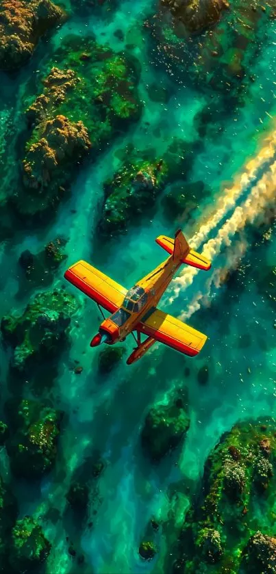 Airplane soaring over turquoise ocean waters.