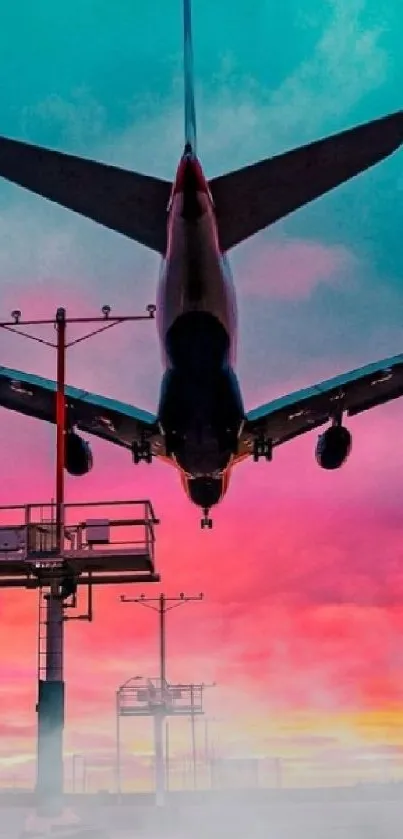 Colorful sunset airplane wallpaper with turquoise sky and silhouette.