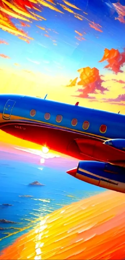 A colorful airplane flies into a vibrant sunset over the ocean.