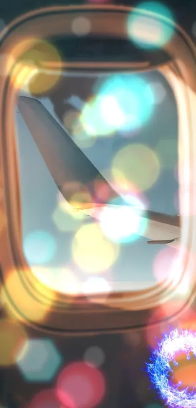 Airplane wing with vibrant bokeh lights seen from window.