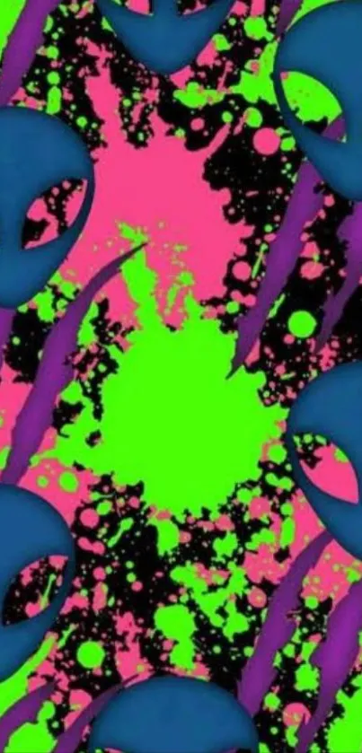 Abstract neon wallpaper with alien heads and vibrant splashes.