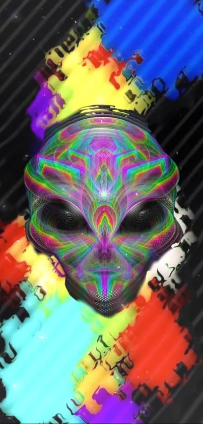 Vibrant alien face with colorful patterns on a dark background.