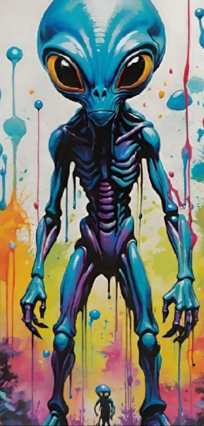 Colorful alien artwork wallpaper with neon splashes on mobile screen.