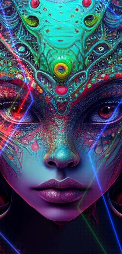 Colorful alien face with neon patterns.