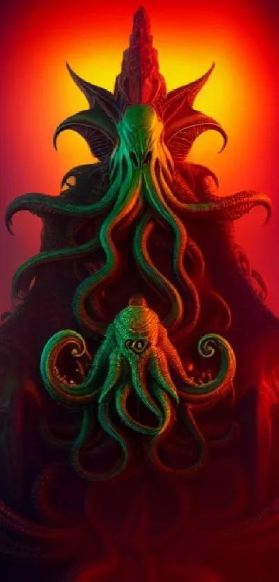 Alien creature with vibrant red and green tentacles and a fiery background.