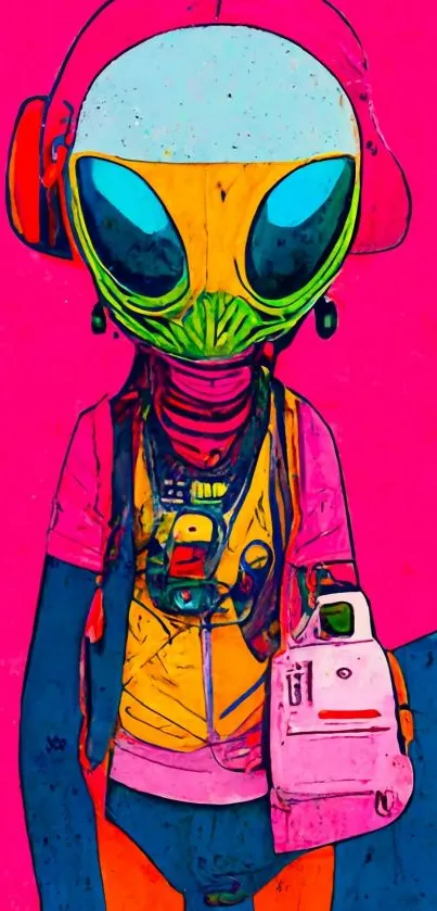 Colorful alien holding gadget on vibrant pink background.