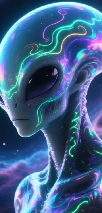 Neon alien in cosmic setting with glowing patterns and vibrant colors.
