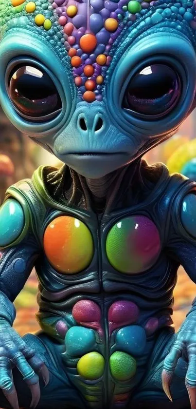 Colorful alien with vibrant bubbles in a fantasy setting.