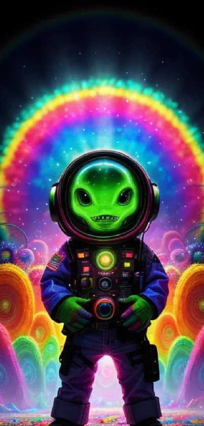 Colorful alien astronaut in vibrant cosmic scene