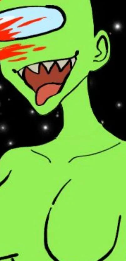 Vibrant green alien cartoon with starry black background.