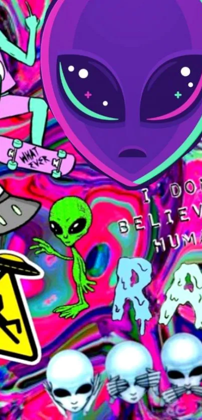 Vibrant alien-themed collage with colorful extraterrestrial designs.