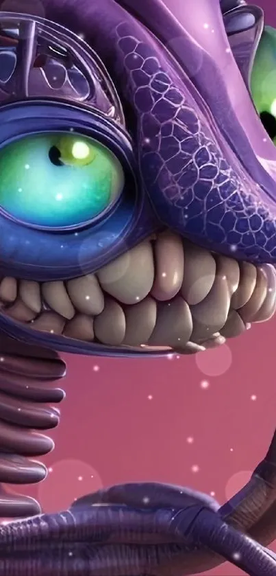 Vibrant alien creature with large eyes in purple hues.