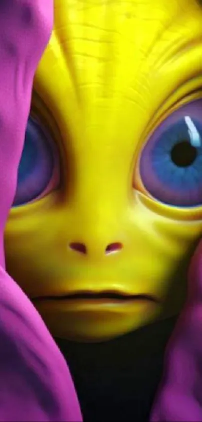 Vibrant alien creature with large eyes surrounded by pink fabric.