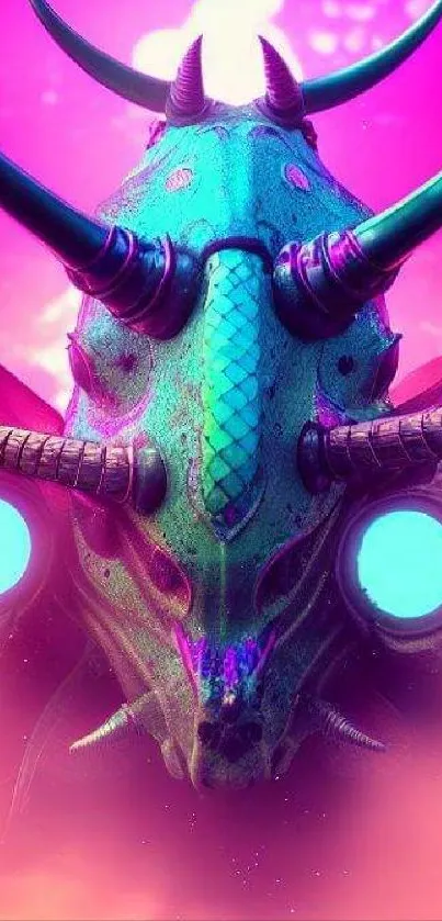 Colorful alien dragon with glowing eyes in a vivid pink background.