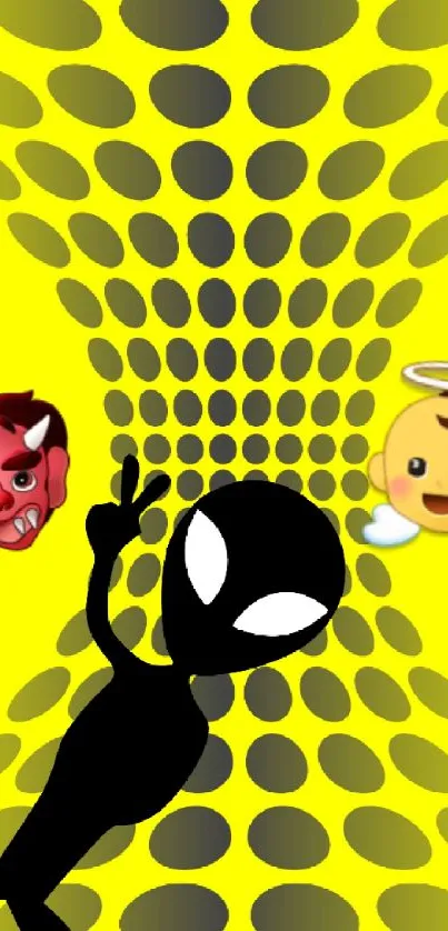 Vibrant wallpaper with alien and emoji on a yellow background.