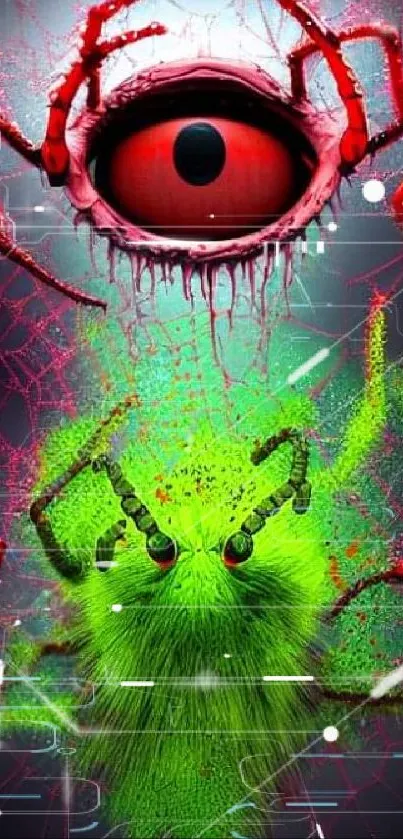 Vibrant alien eye wallpaper with green glow and red elements.