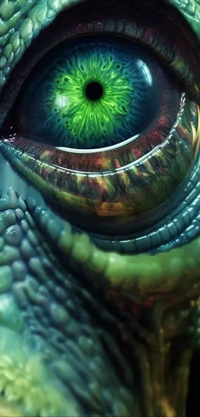 Close-up of a vibrant alien eye in a dark green sci-fi wallpaper design.