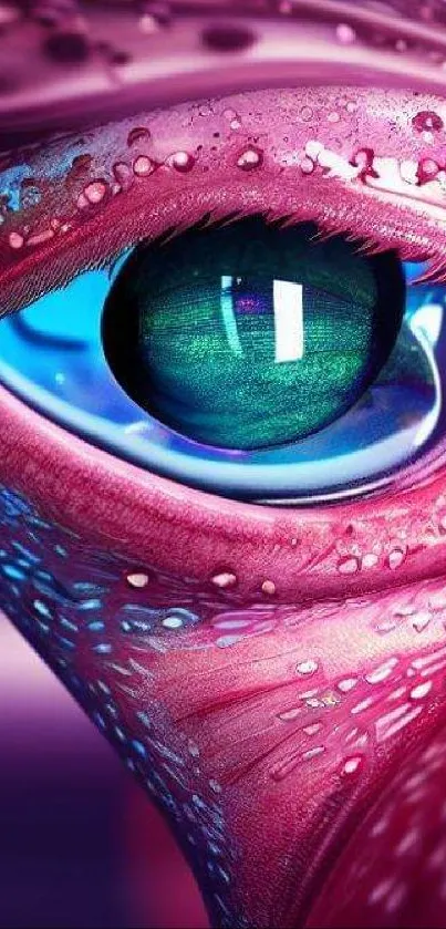 Vibrant alien eye with pink textures and green center.