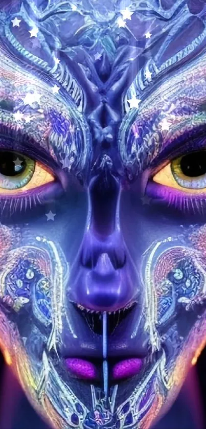 Close-up of a vibrant, colorful alien face with intricate patterns.