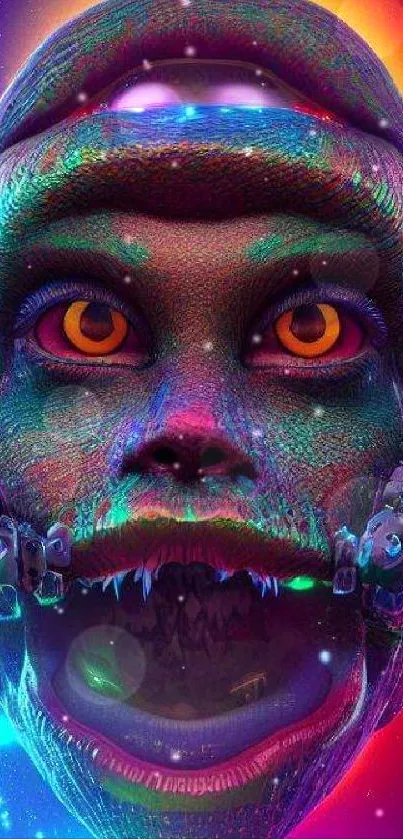 Vibrant alien face with colorful hues and bright eyes.