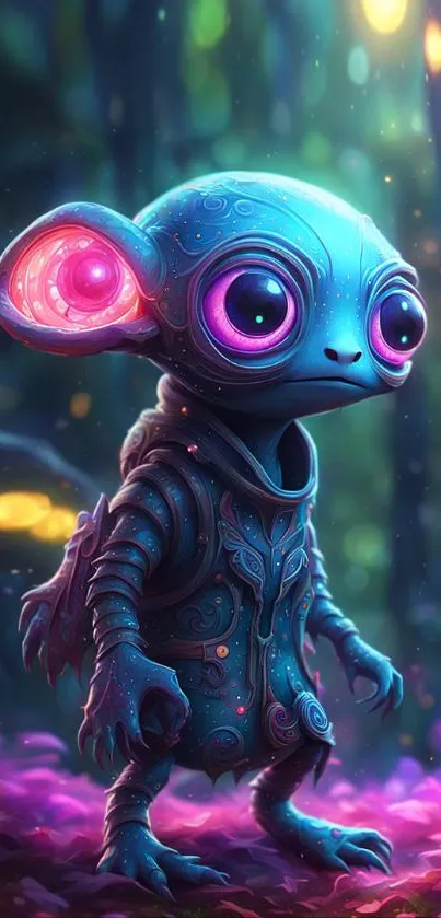 Cute, blue alien among colorful, glowing flora.