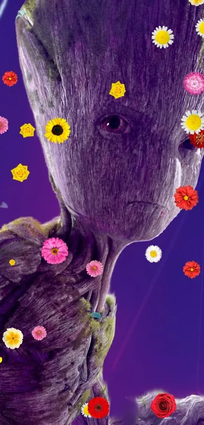 Fantasy alien figure with colorful flowers.