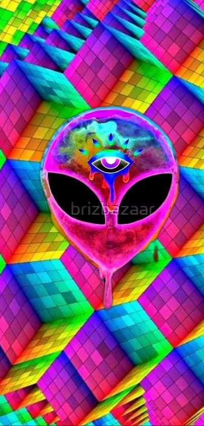 Vibrant alien with geometric colorful background.