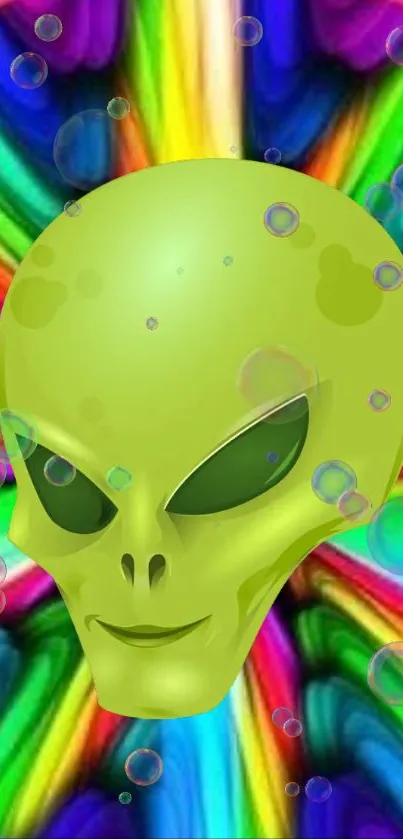 Green alien head with colorful psychedelic background and bubbles.