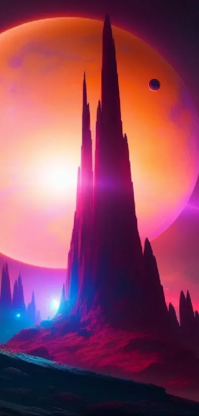 Vivid alien planet landscape with towering spires and glowing background.