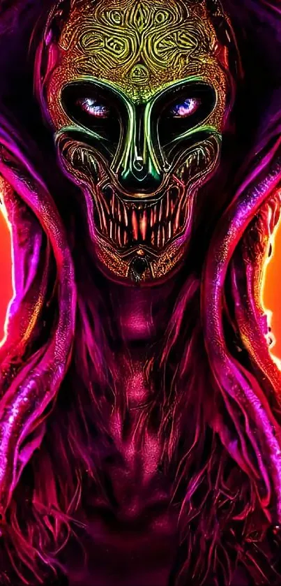 Vibrant alien mask with neon and intricate details on a dark background.