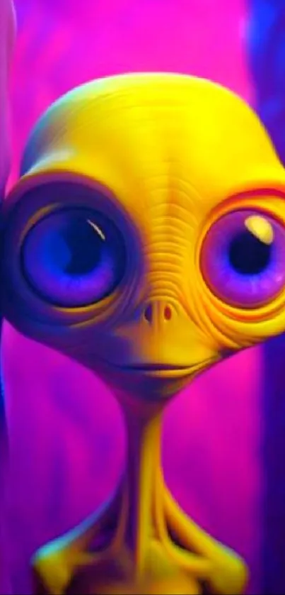 Bright yellow alien with large eyes on a vibrant purple background.