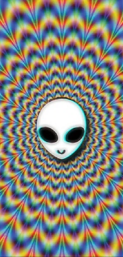 Psychedelic alien head with rainbow pattern wallpaper.