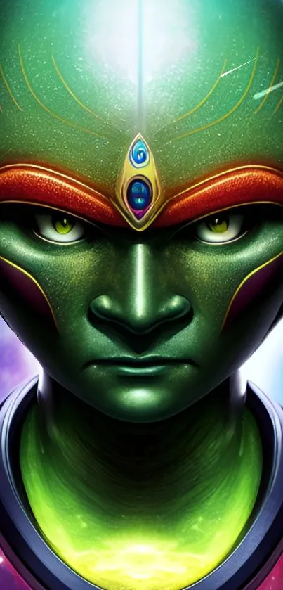 Vibrant green alien portrait with futuristic design elements in space background.