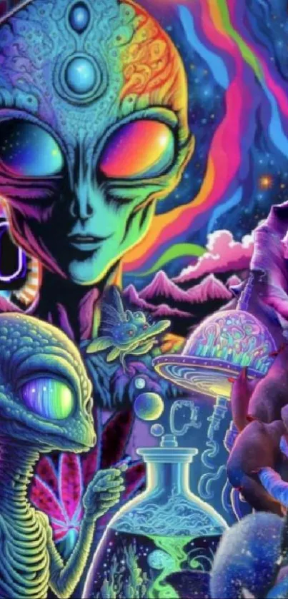 Psychedelic alien and cosmic sci-fi art with vibrant neon colors.