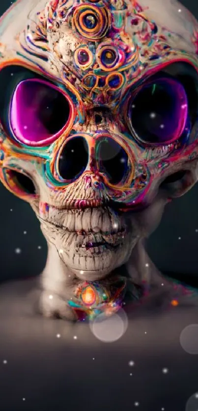 3D vibrant alien skull with psychedelic colors for mobile wallpaper.