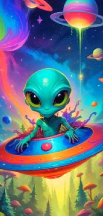 Colorful alien in spaceship exploring cosmic landscape.