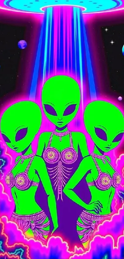 Colorful alien-themed mobile wallpaper with vibrant neon accents.
