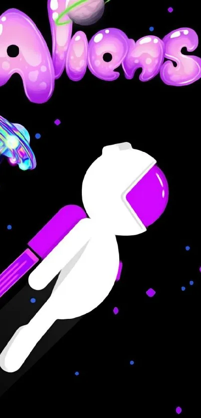 Colorful alien-themed wallpaper with UFO and astronaut.