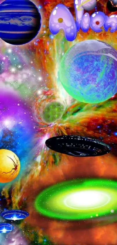 Colorful alien space wallpaper with planets and cosmic elements.