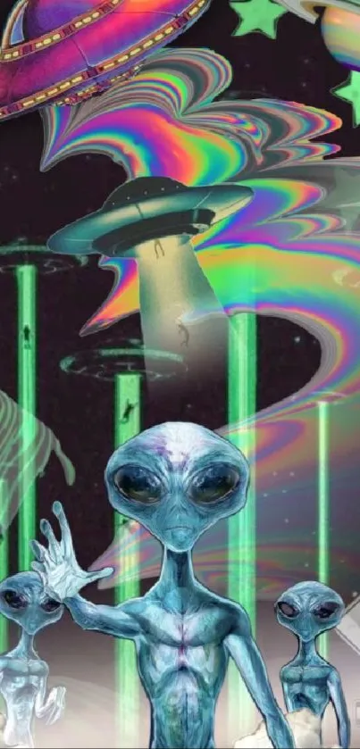 Vibrant wallpaper with aliens and UFOs, psychedelic colors.