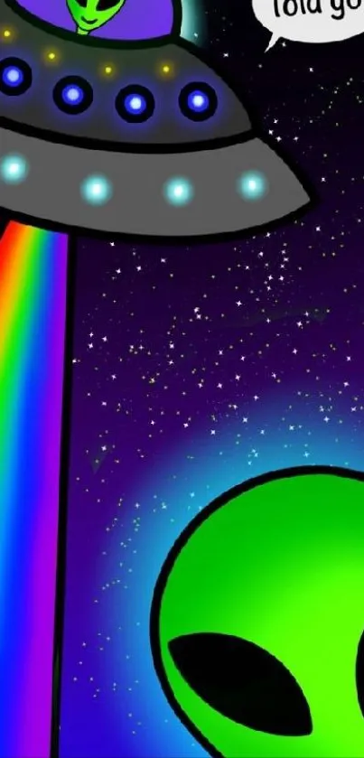 Colorful alien spaceship with rainbow lights in space.