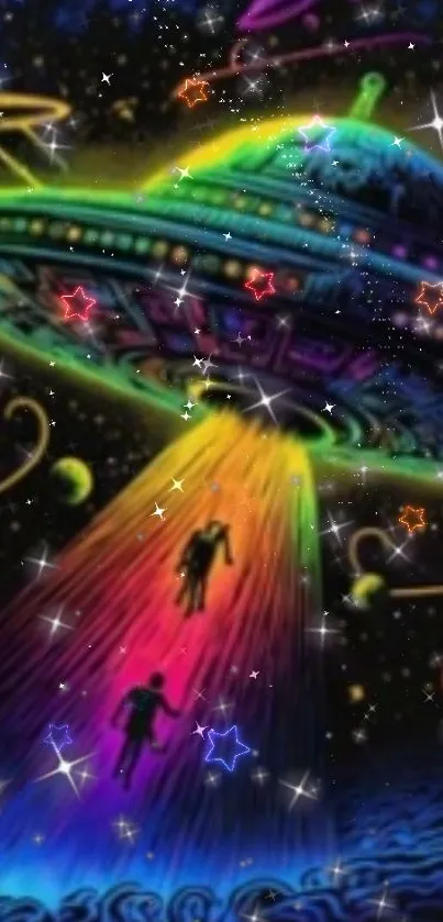 Vibrant UFO with a rainbow beam in space.