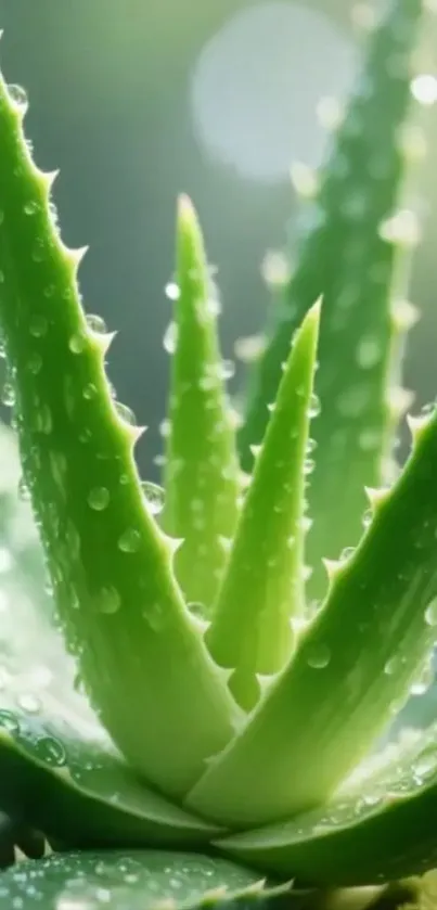 Close-up of a vibrant aloe vera plant with dewdrops.