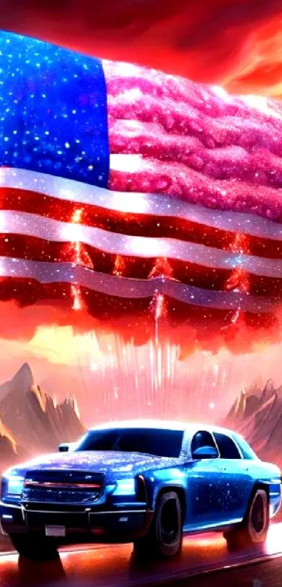 Bold mobile wallpaper of a car under a vibrant American flag.