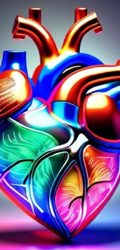Vibrant multicolored anatomical heart illustration with artistic design.