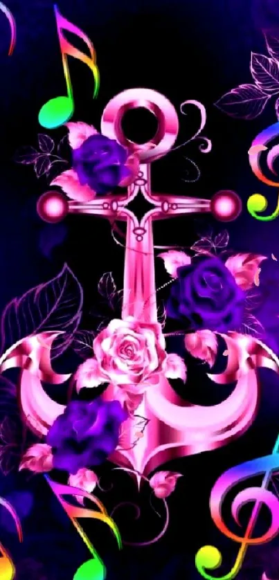 Pink anchor with roses and colorful music notes on a purple background.